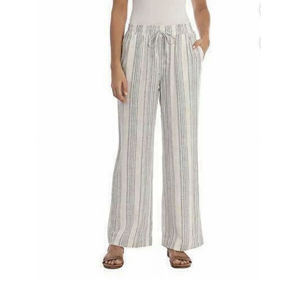 Briggs Wide Leg Pants‎ SZ-S White & Gray Striped Elastic Waist Linen/Rayon Blend